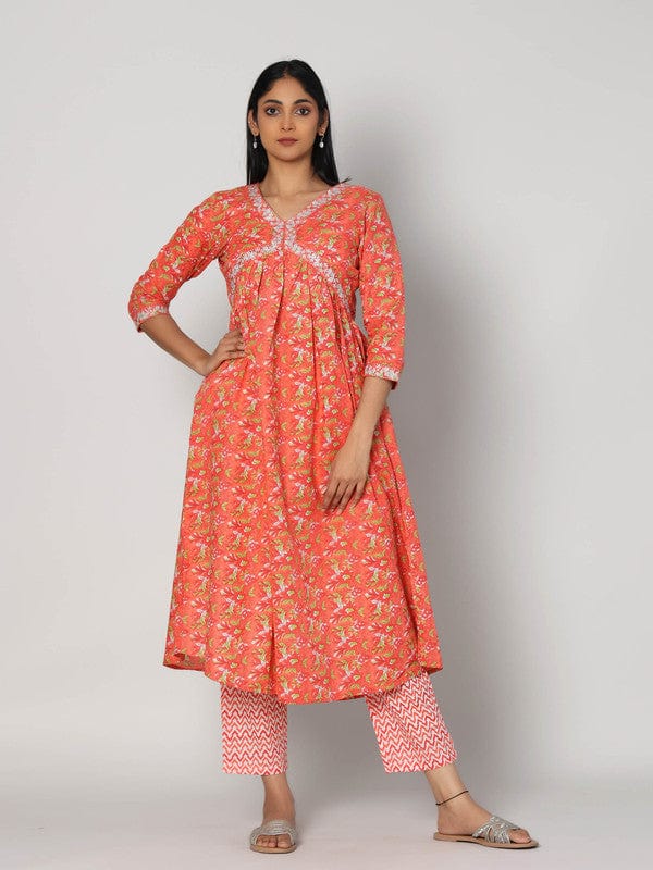 Orange 3/4th Sleeves Cotton All over print Calf length Kurta Set - With Dupatta