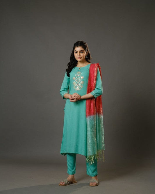 Sage Green 3/4th Sleeves Cotton Slub Thread Work Calf Length Kurta Set - With Dupatta