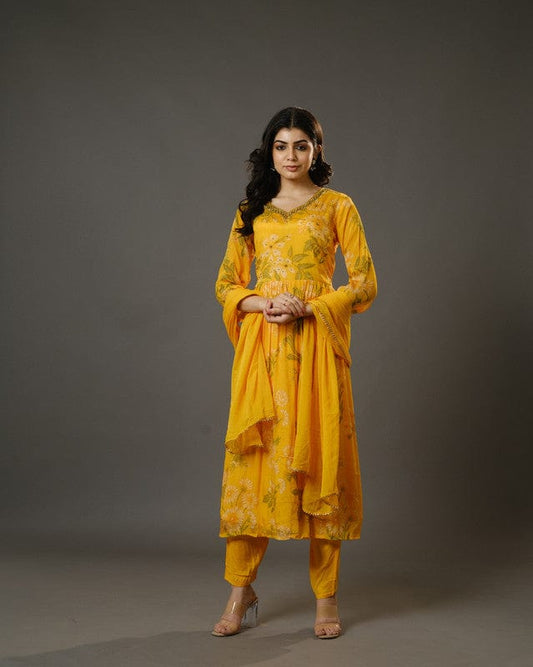Yellow 3/4th Sleeves Chiffon Digital Floral Print, Embellishment, Mirror Work Calf Length Kurta Set - With Dupatta