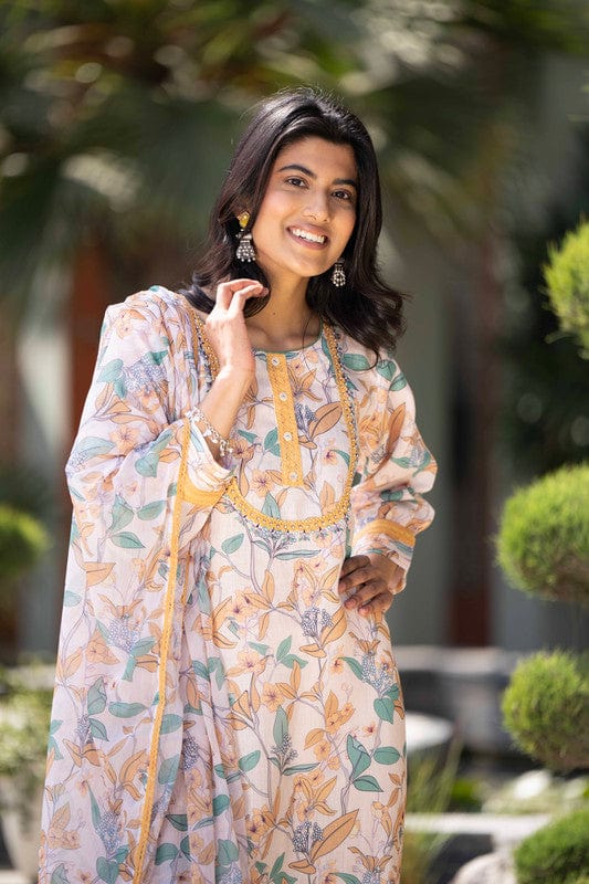 Beige 3/4th Sleeves Cotton Floral Regular Fit Calf length Kurta set - With Dupatta