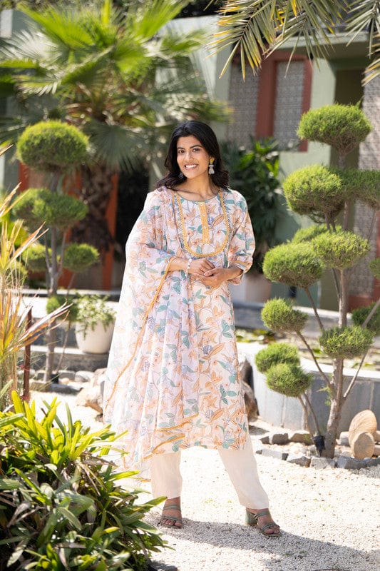 Beige 3/4th Sleeves Cotton Floral Regular Fit Calf length Kurta set - With Dupatta