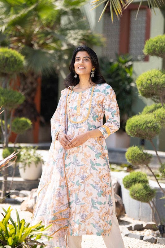 Beige 3/4th Sleeves Cotton Floral Regular Fit Calf length Kurta set - With Dupatta