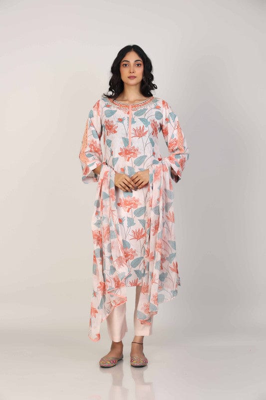 Light Peach 3/4th Sleeves Linen All over print floral Calf length Kurta Set - With Dupatta