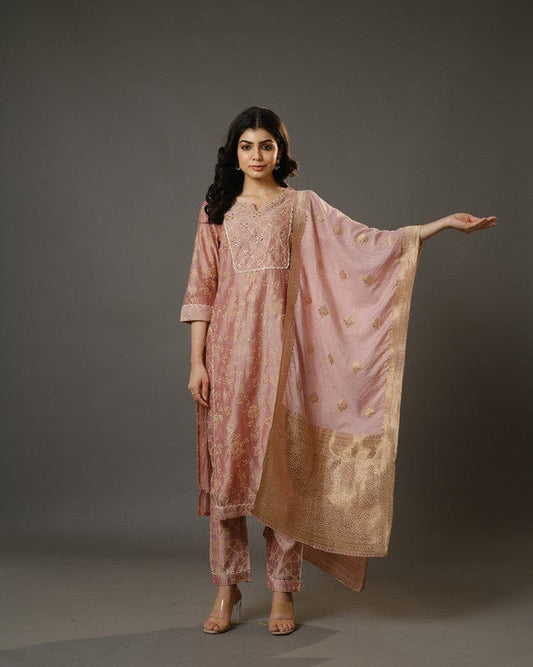 Peach 3/4th Sleeves Chanderi Traditional Motifs Calf Length Kurta Set - With Dupatta