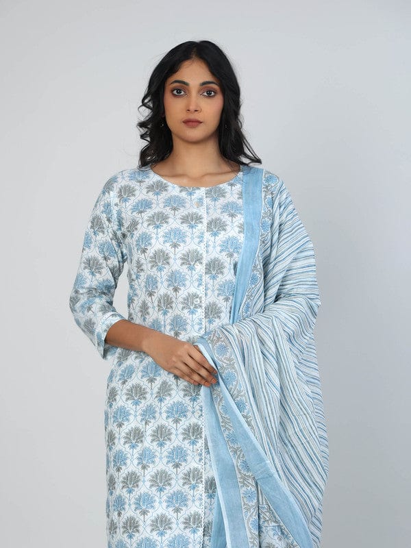 Blue 3/4th Sleeves Cotton All over print floral Calf length Kurta Set - With Dupatta
