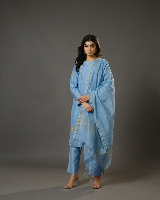 Aqua Blue Full Sleeves Cotton Silk Gold Thread Work Calf Length Kurta Set - With Dupatta