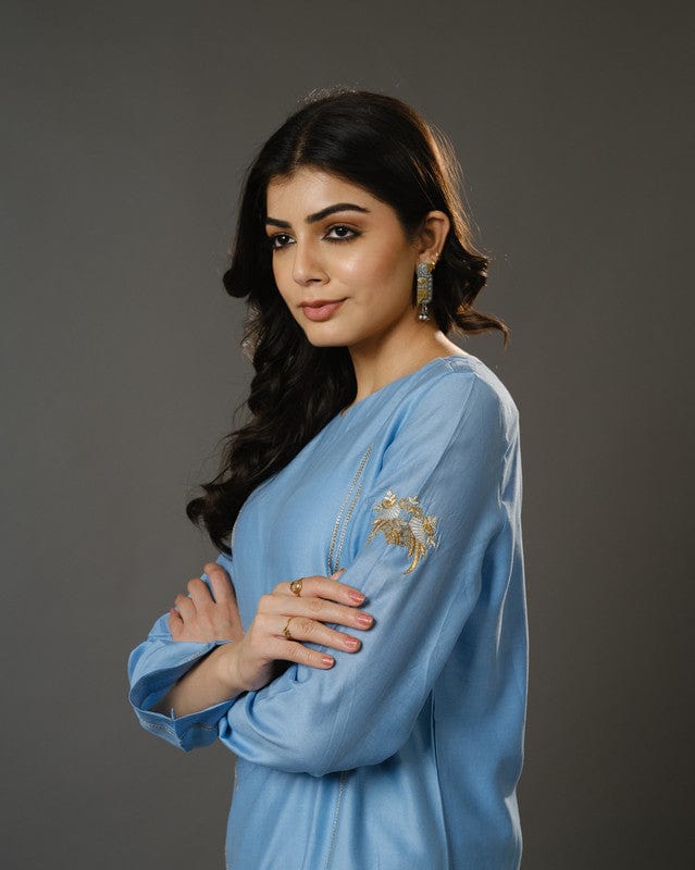 Aqua Blue Full Sleeves Cotton Silk Gold Thread Work Calf Length Kurta Set - With Dupatta