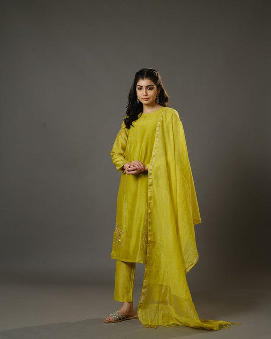 Lime Green Full Sleeves Cotton Silk Gold Thread Work Calf Length Kurta Set - With Dupatta