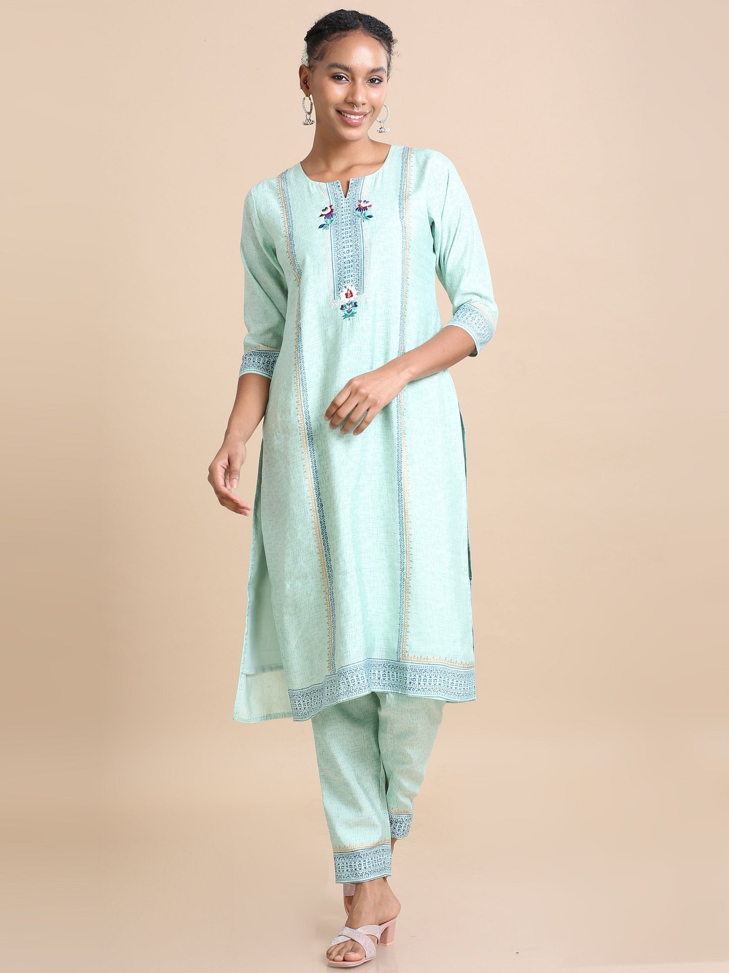 Green 3/4th sleeves Chanderi silk Block print and thread work Regular fit Calf length Kurta Set - With Dupatta