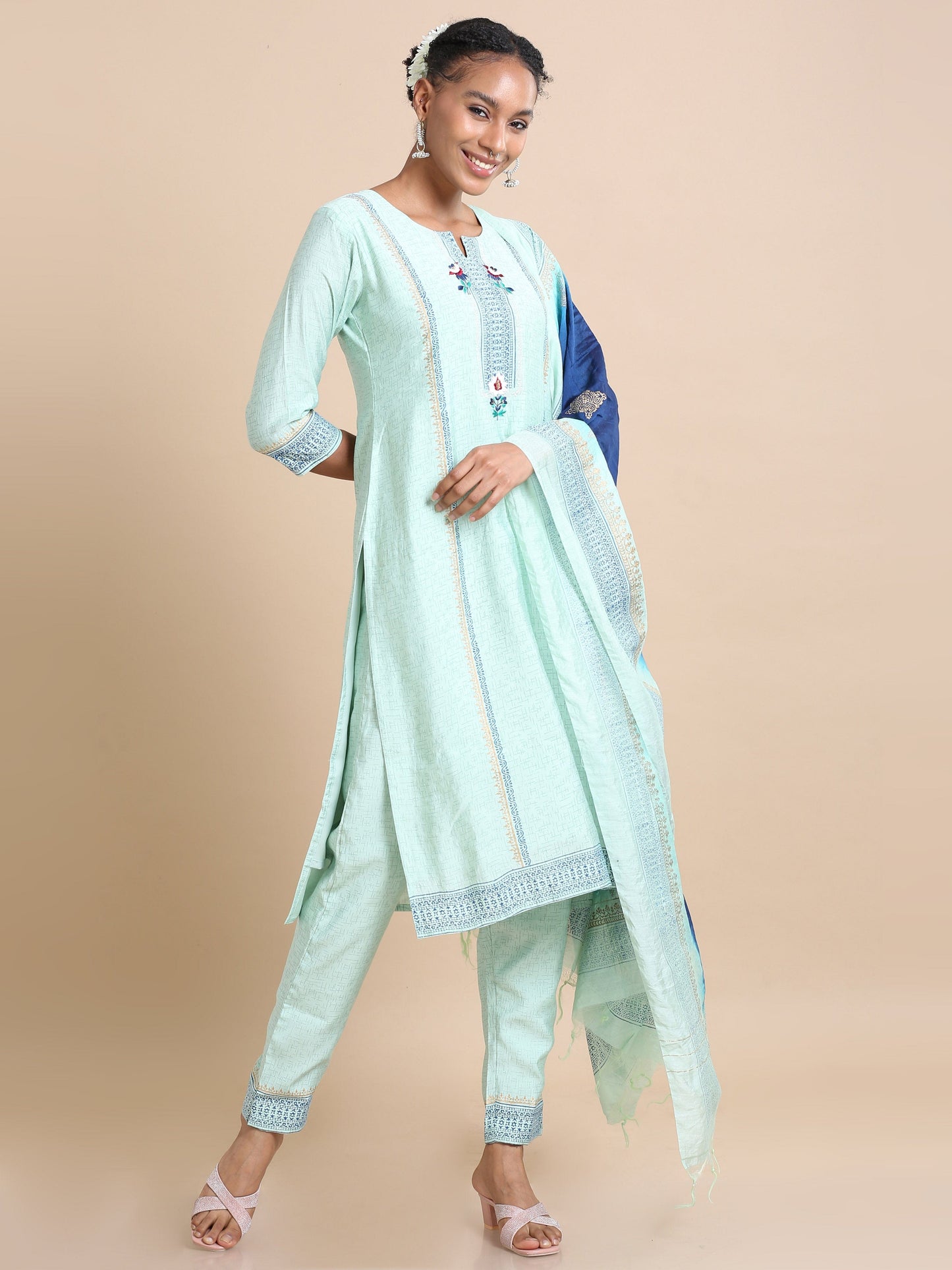 Green 3/4th sleeves Chanderi silk Block print and thread work Regular fit Calf length Kurta Set - With Dupatta