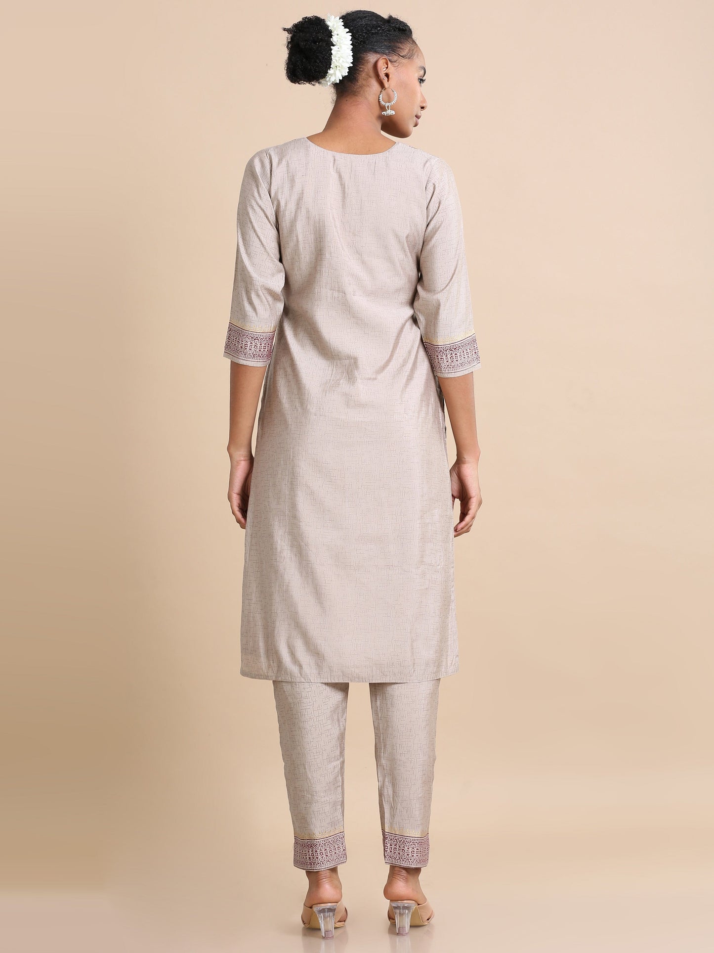Light Brown 3/4th sleeves Chanderi silk Block print and thread work Regular fit Calf length Kurta Set - With Dupatta