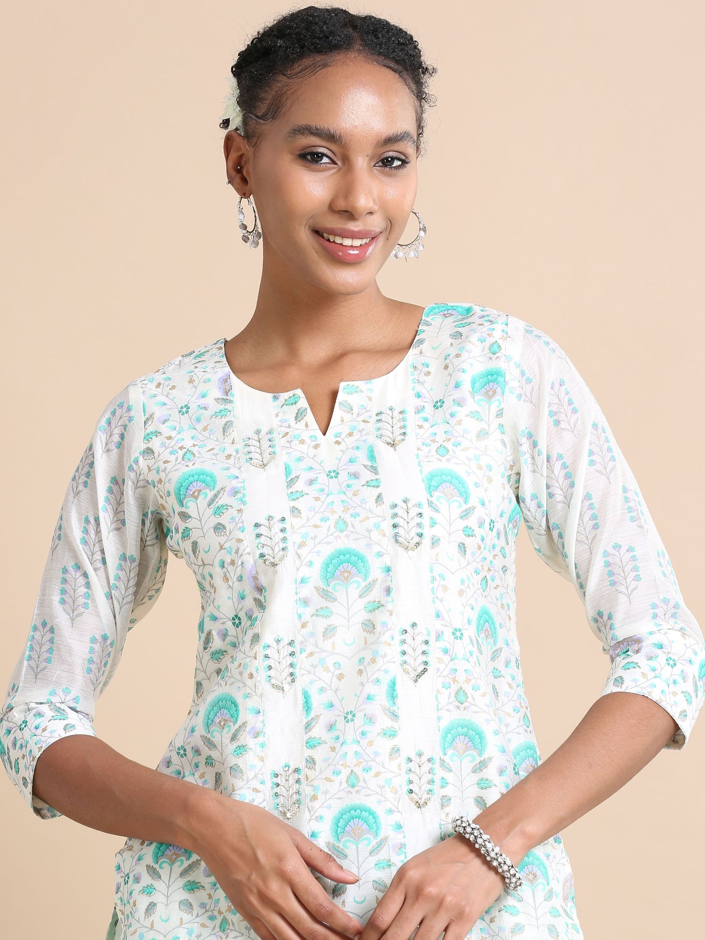 Green 3/4th sleeves Chanderi Floral print Regular fit Calf length Kurta Set - With Dupatta