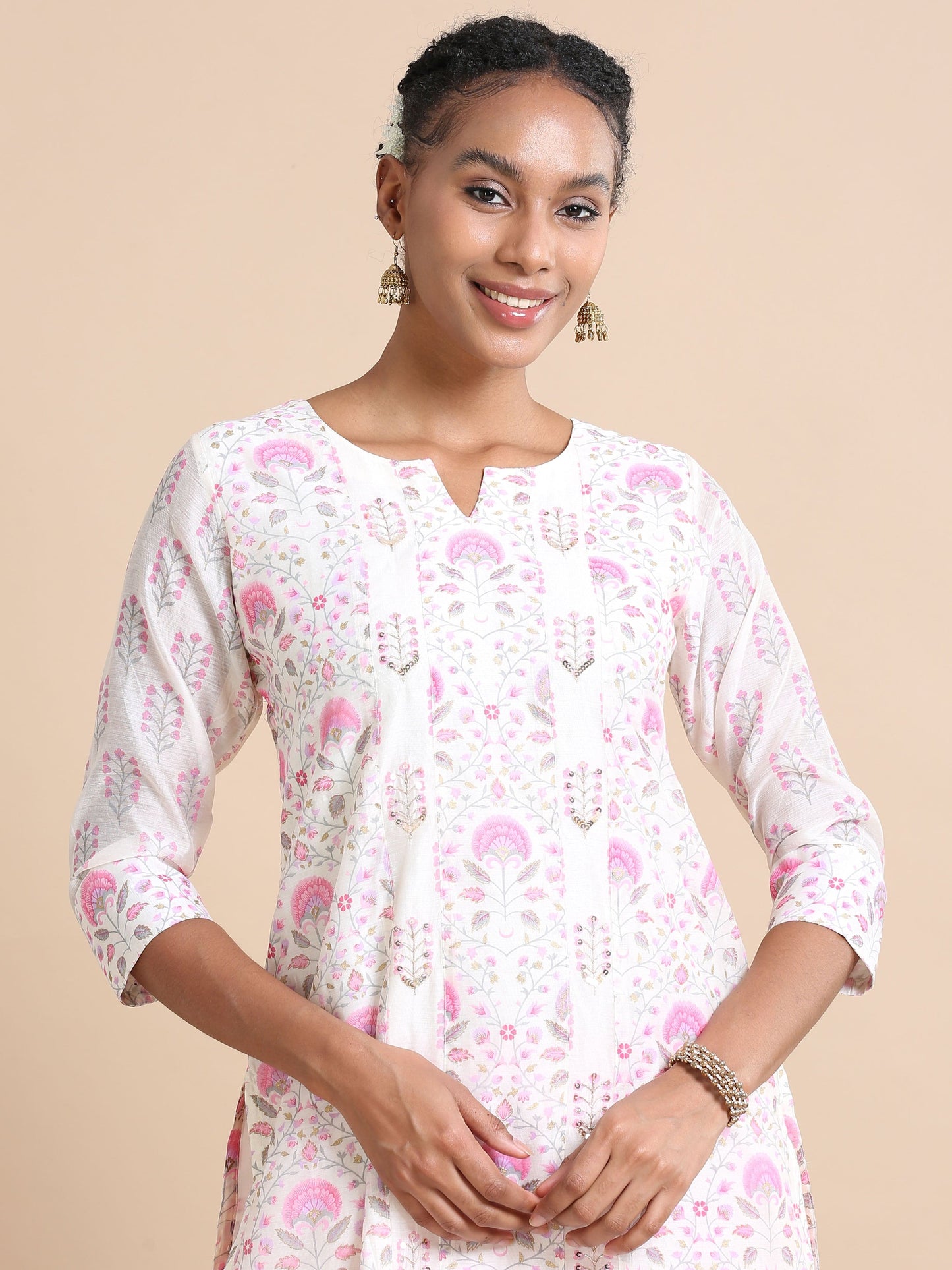 Pink 3/4th sleeves Chanderi Floral print Regular fit Calf length Kurta Set - With Dupatta