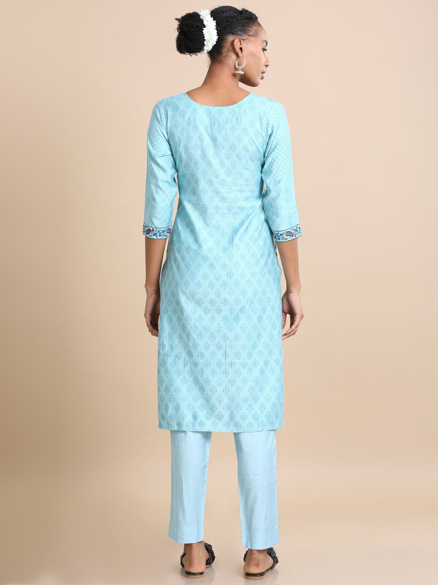 Blue 3/4th sleeves Chanderi Block print  Regular fit Calf length Kurta Set - With Dupatta