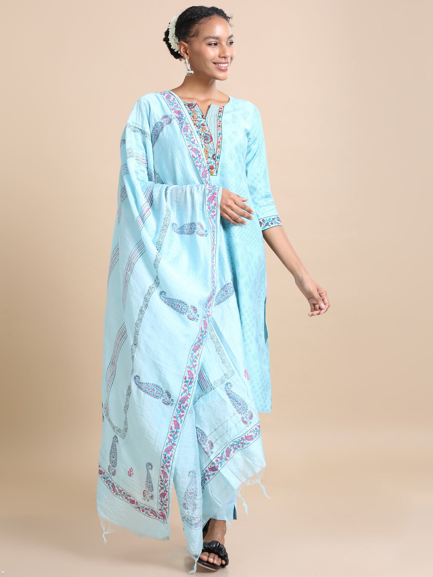Blue 3/4th sleeves Chanderi Block print  Regular fit Calf length Kurta Set - With Dupatta