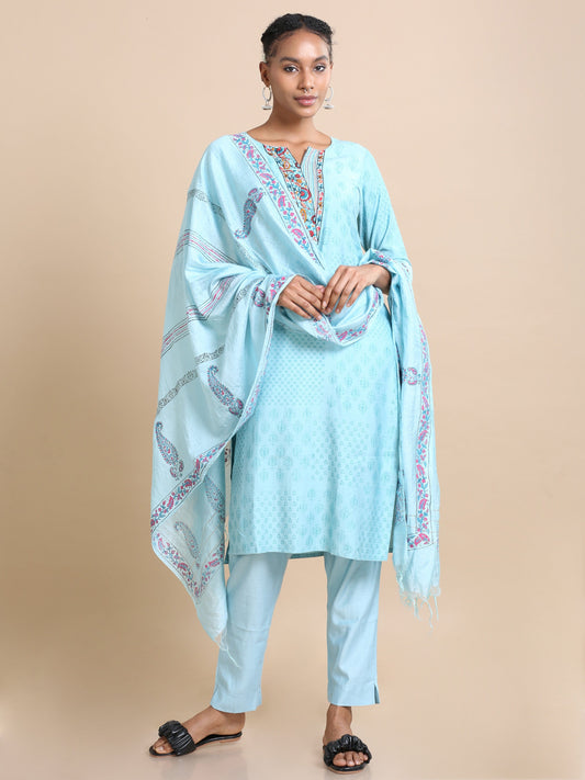 Blue 3/4th sleeves Chanderi Block print  Regular fit Calf length Kurta Set - With Dupatta