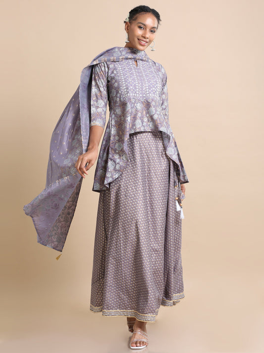 Purple 3/4th sleeves Chanderi Mica print, mirror work, thread work Regular fit Hip length Kurta Set - With Dupatta