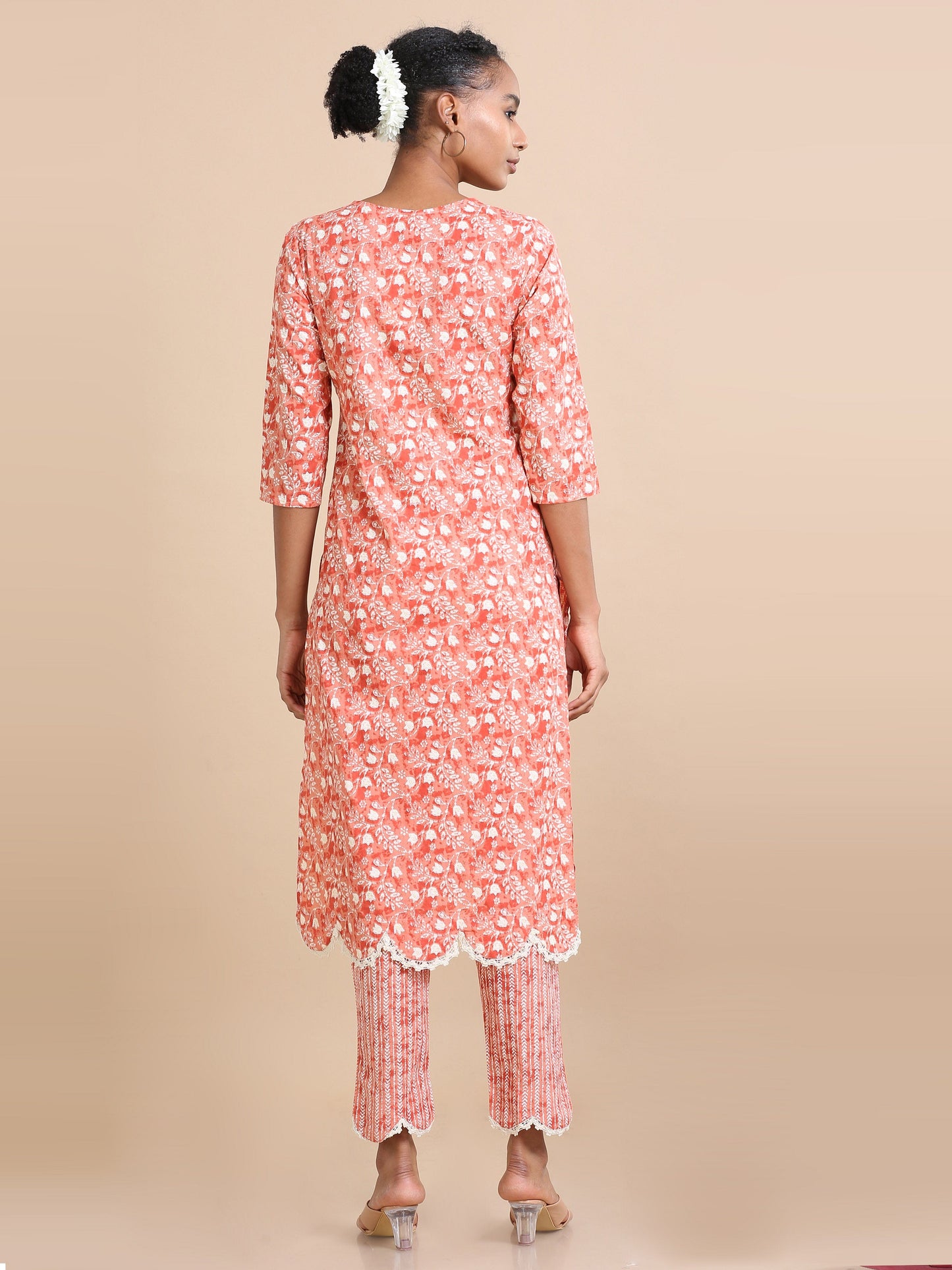 Brick 3/4th sleeves Cotton Floral print Regular fit Calf length Kurta Set - With Dupatta
