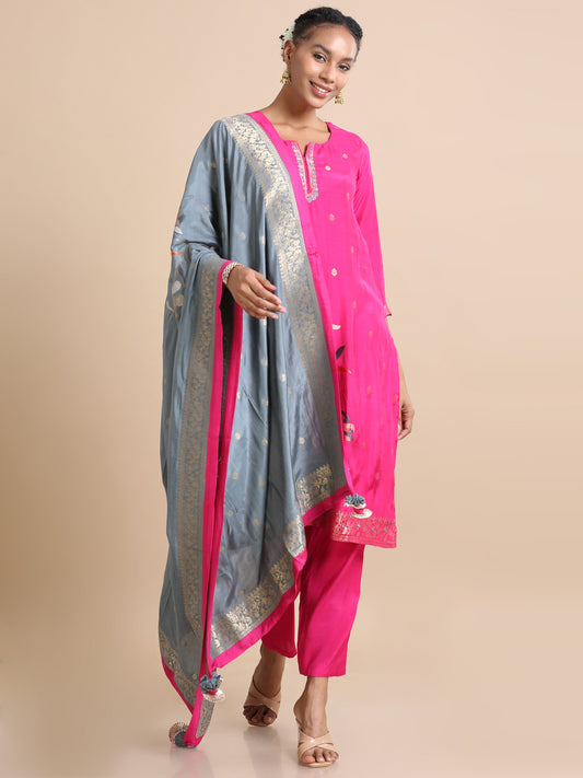Pink 3/4th sleeves Silk Floral print Regular fit Calf length Kurta Set - With Dupatta