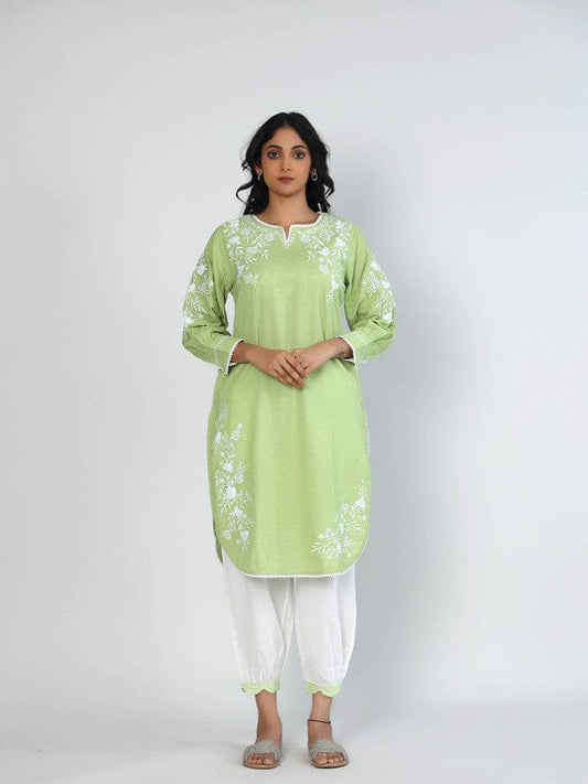 Green Full Sleeves Cotton Thread work Calf length Kurta Set - Without Dupatta