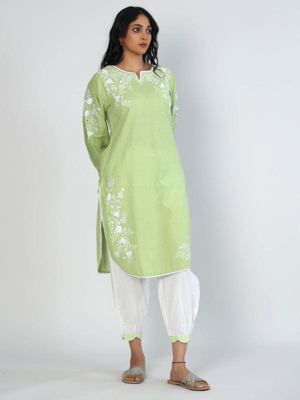 Green Full Sleeves Cotton Thread work Calf length Kurta Set - Without Dupatta