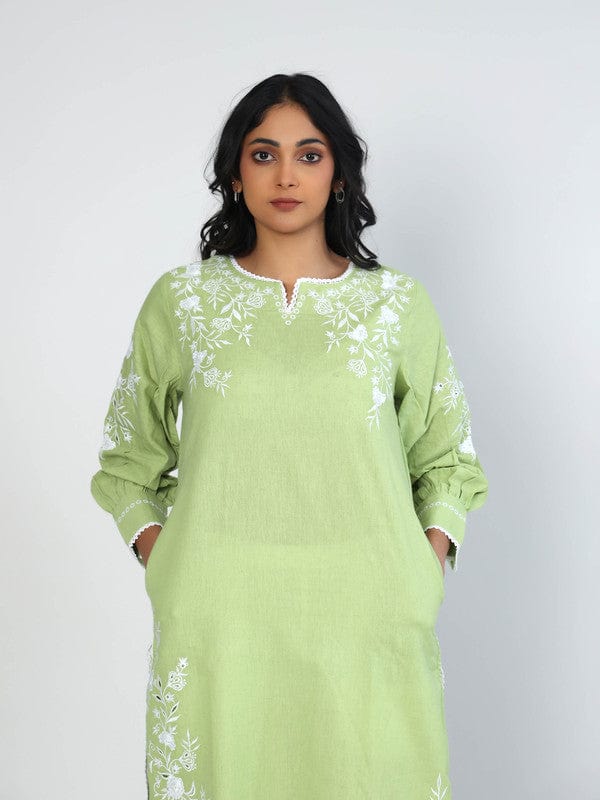 Green Full Sleeves Cotton Thread work Calf length Kurta Set - Without Dupatta