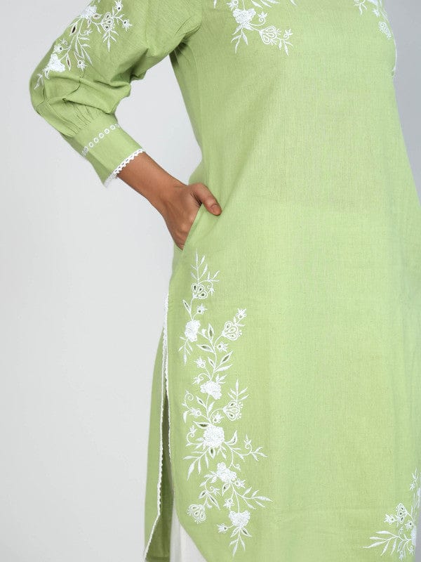 Green Full Sleeves Cotton Thread work Calf length Kurta Set - Without Dupatta