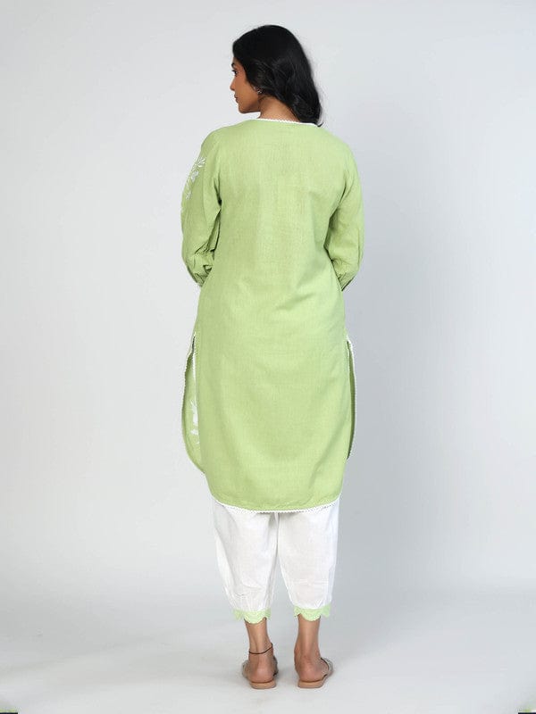 Green Full Sleeves Cotton Thread work Calf length Kurta Set - Without Dupatta