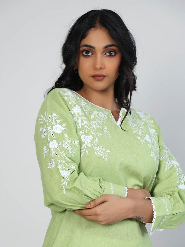 Green Full Sleeves Cotton Thread work Calf length Kurta Set - Without Dupatta