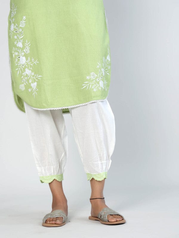Green Full Sleeves Cotton Thread work Calf length Kurta Set - Without Dupatta