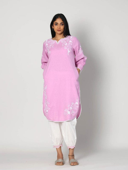 Purple Full Sleeves Cotton Thread work Calf length Kurta Set - Without Dupatta