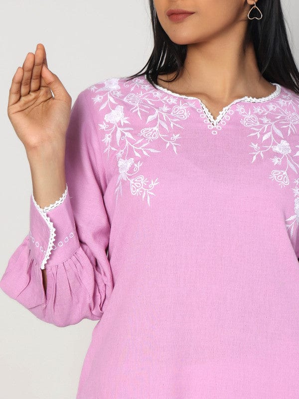 Purple Full Sleeves Cotton Thread work Calf length Kurta Set - Without Dupatta