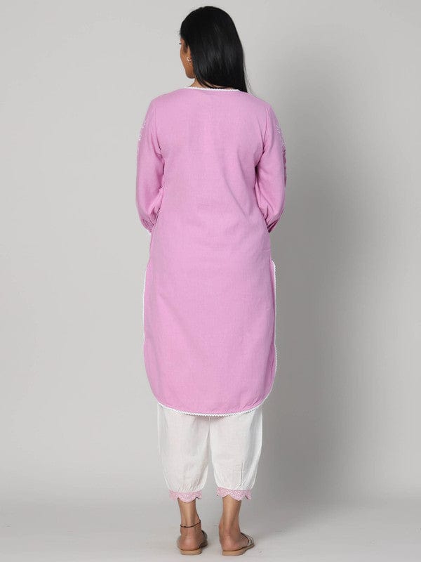Purple Full Sleeves Cotton Thread work Calf length Kurta Set - Without Dupatta