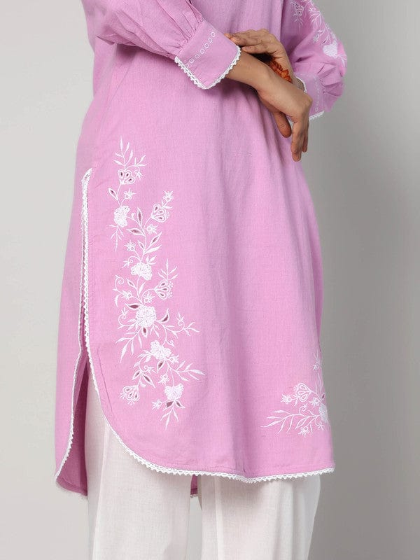 Purple Full Sleeves Cotton Thread work Calf length Kurta Set - Without Dupatta