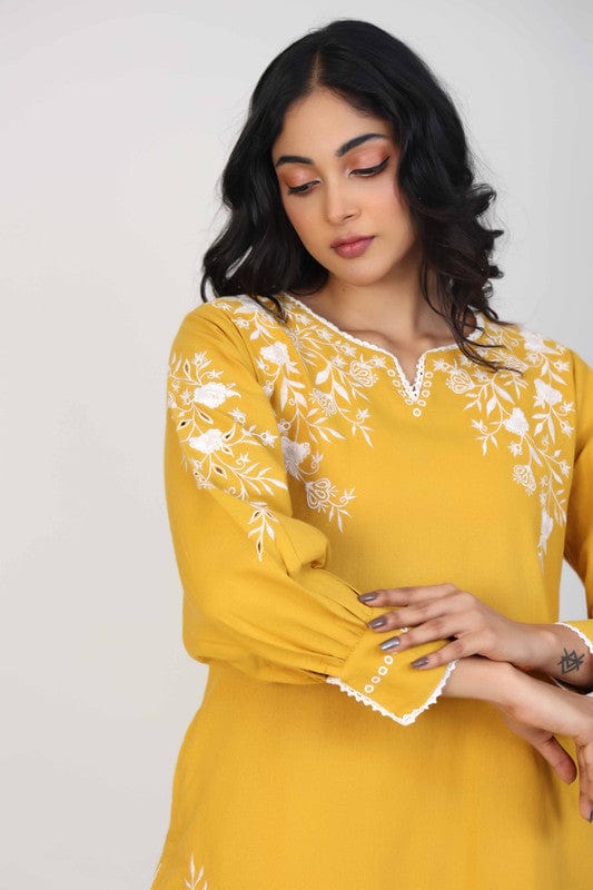 Yellow Full Sleeves Cotton Thread work Calf length Kurta Set - Without Dupatta