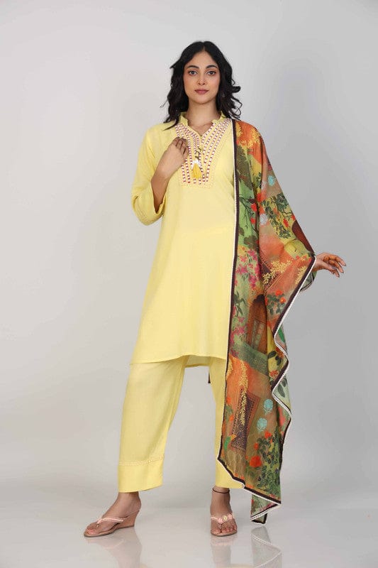 Yellow 3/4th Sleeves Cotton Lace and thread work Knee length Kurta Set - With Dupatta