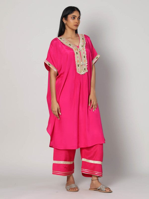 Pink Elbow Sleeves Chanderi Lace attachament on neck placket Calf length Kurta Set - Without Dupatta