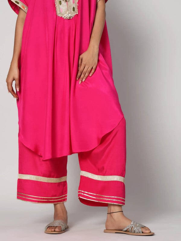Pink Elbow Sleeves Chanderi Lace attachament on neck placket Calf length Kurta Set - Without Dupatta
