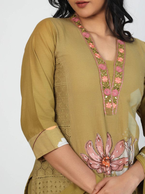Olive 3/4th Sleeves Cotton Placement print with mirror and thread work Calf length Kurta Set - With Dupatta