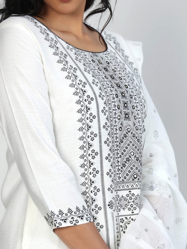 White 3/4th Sleeves Viscose Placement print Calf length Kurta Set - With Dupatta
