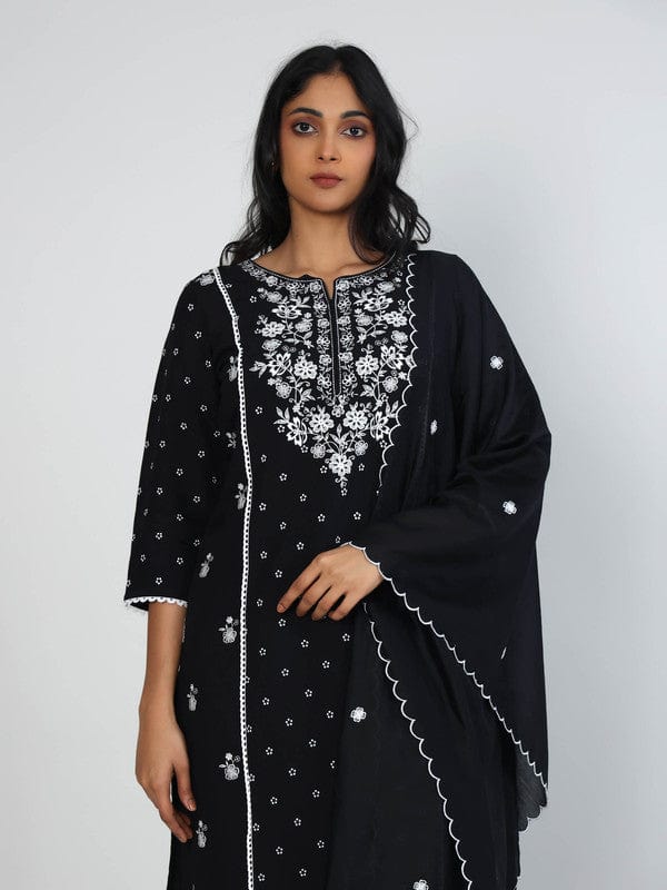 Black 3/4th Sleeves Chanderi All over mixed prints Calf length Kurta Set - With Dupatta