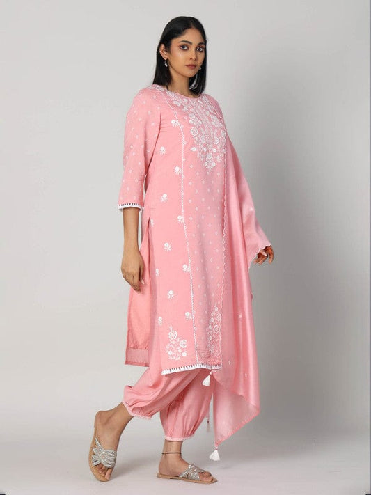 Baby Pink 3/4th Sleeves Chanderi All over mixed prints Calf length Kurta Set - With Dupatta