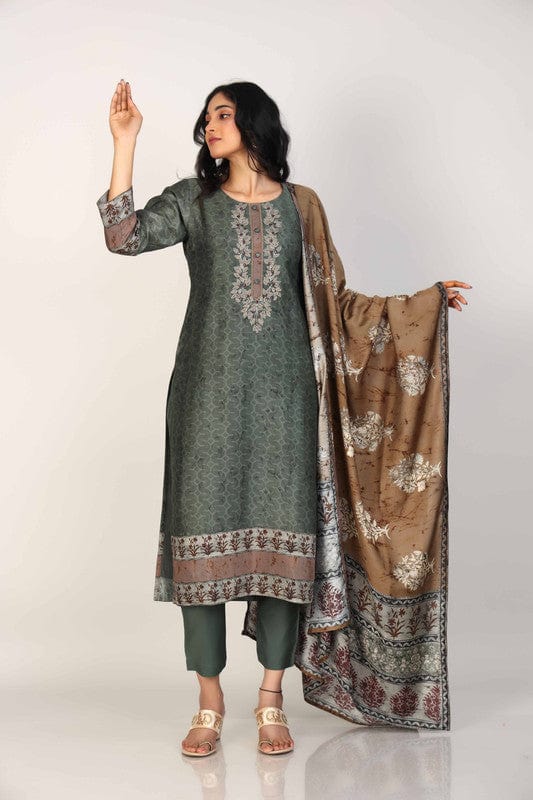 Olive 3/4th Sleeves Silk Chanderi All over print Calf length Kurta Set - With Dupatta