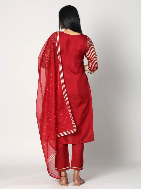 Maroon 3/4th Sleeves Chanderi All over print Calf length Kurta Set - With Dupatta