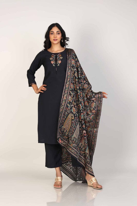 Black 3/4th Sleeves Poly Chanderi Thread work Calf length Kurta Set - With Dupatta