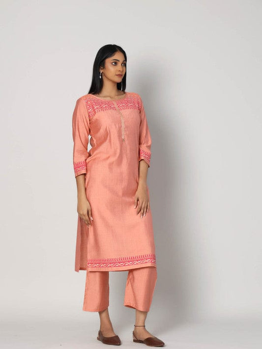 Peach 3/4th Sleeves Chanderi Placement print at neck, hem and cuffs Calf length Kurta Set - With Dupatta