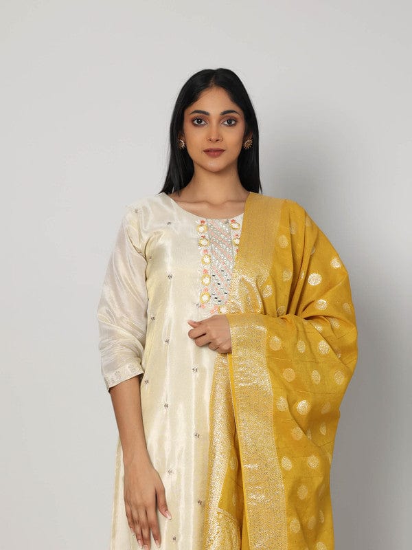 Beige 3/4th Sleeves Soft Tissue Thread work, embellishment work, mirror work Calf length Kurta Set - With Dupatta