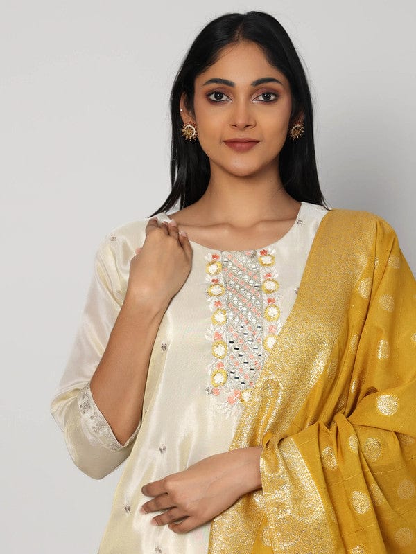 Beige 3/4th Sleeves Soft Tissue Thread work, embellishment work, mirror work Calf length Kurta Set - With Dupatta