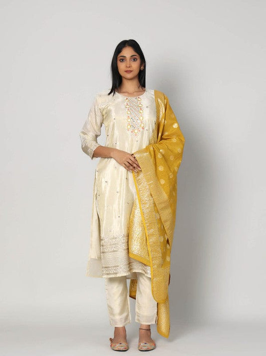 Beige 3/4th Sleeves Soft Tissue Thread work, embellishment work, mirror work Calf length Kurta Set - With Dupatta