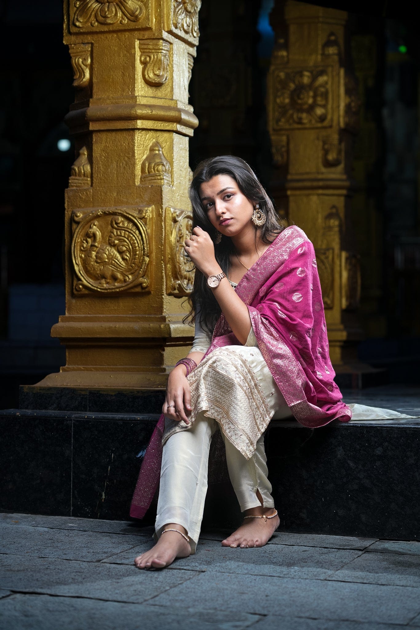 Cream 3/4th Sleeves Soft Tissue Calf length Kurta set - With Dupatta
